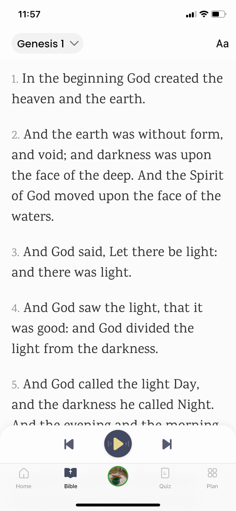 Bible reading screen showing Genesis 1