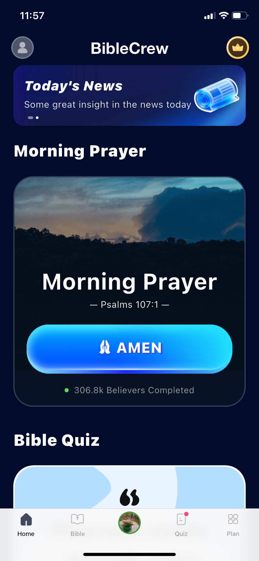 BibleCrew home screen with morning prayer and Bible quiz sections