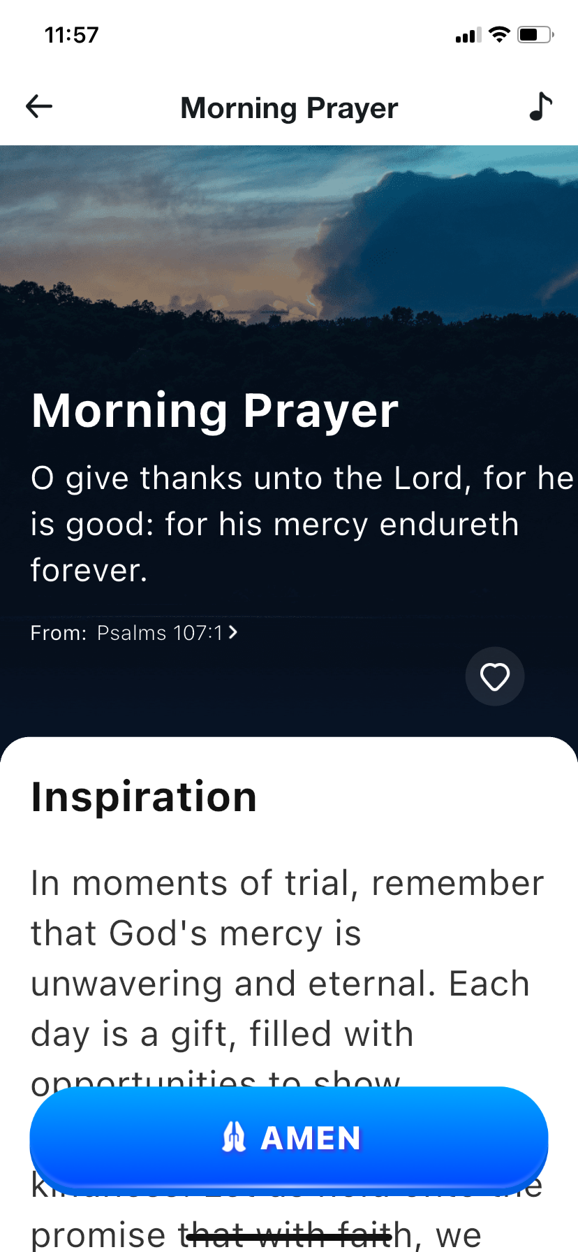 BibleCrew morning prayer screen with prayer reflection content