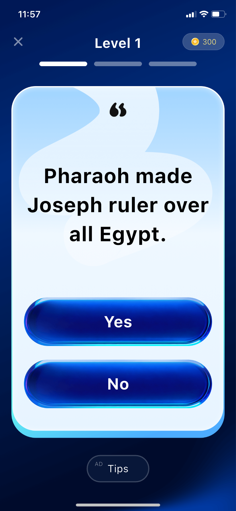 Bible quiz screen with a yes or no question