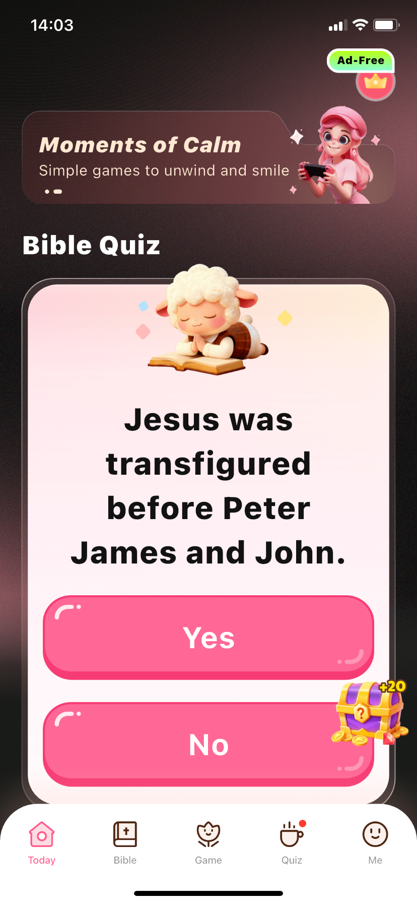 Ladies Bible Today screen with Bible quiz card